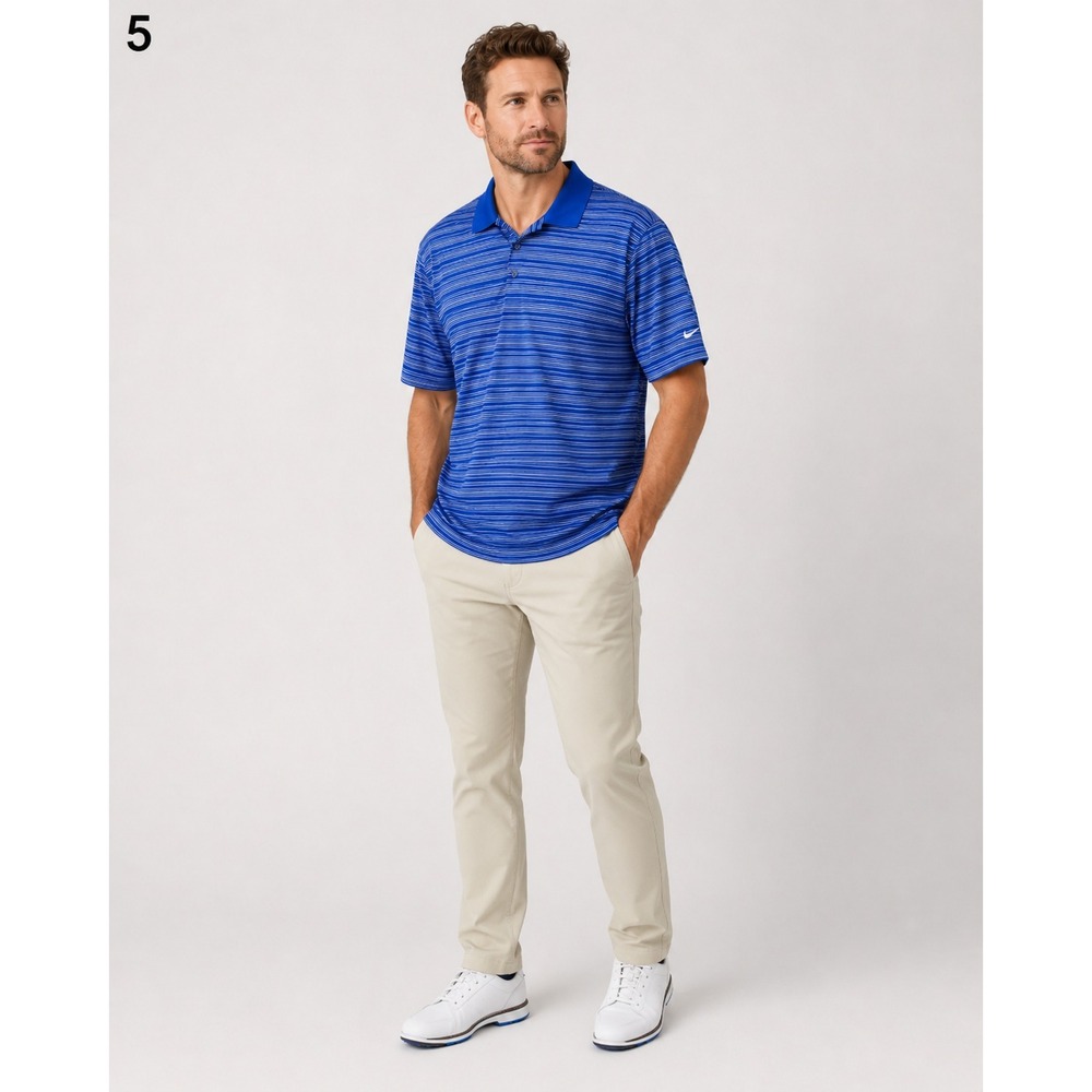 NIKE GOLF Polo Shirt‎ Mens Large Blue White Stripe Polyester Dri Fit